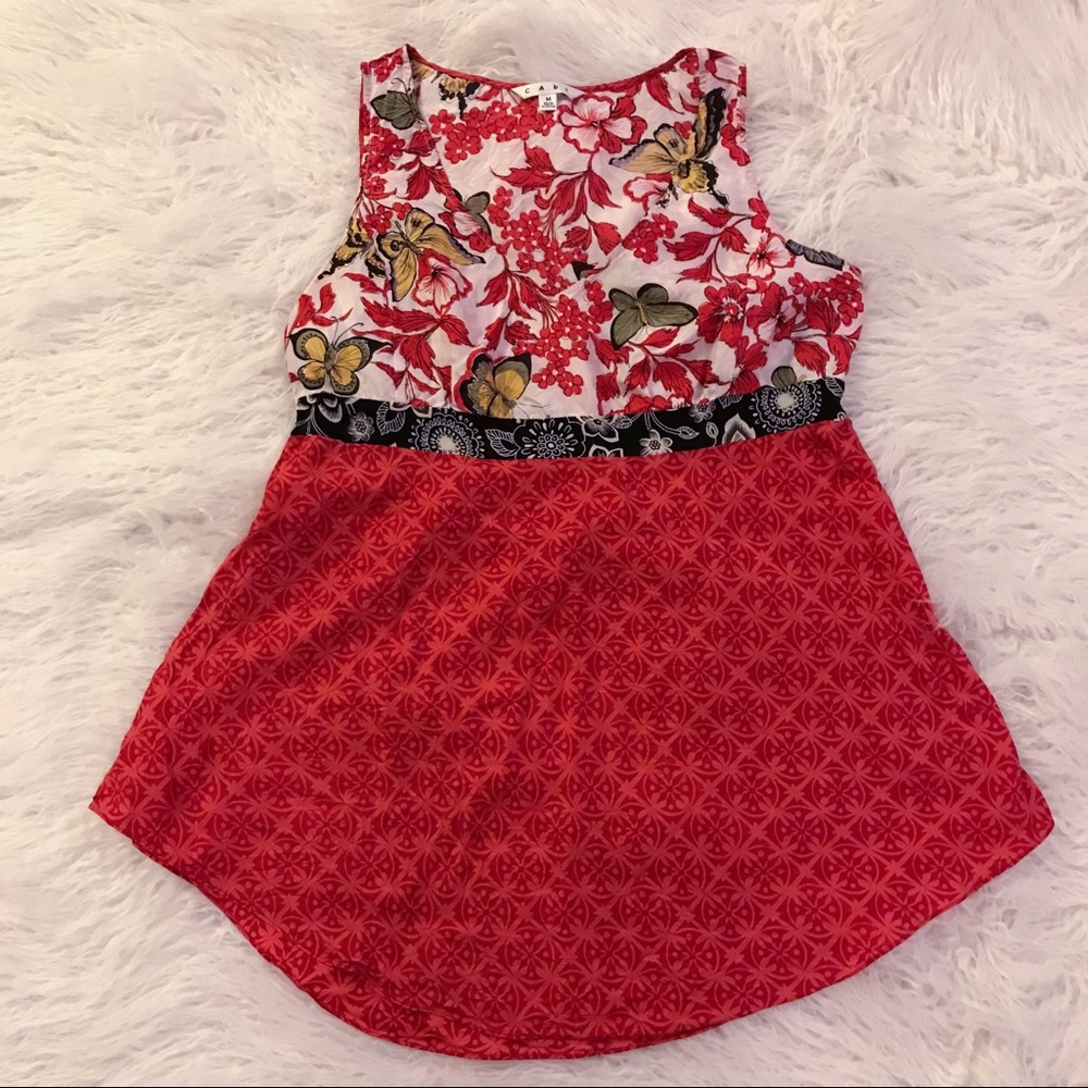 CAbi 100% Silk Red Floral Print Blouse